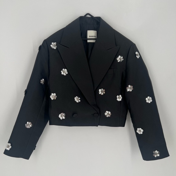 Sandro Jackets & Blazers - Sandro Flower Floral 3D Embellished Cropped Double Breasted Blazer Satin Jacket